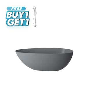 67 in. x 33 in. Stone Resin Solid Surface Non-Slip Freestanding Soaking Bathtub with Brass Drain and Hose in Matte Gray