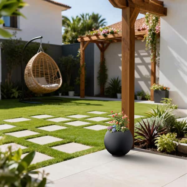 11in. Medium Concrete Round Planter Pot with Enhanced Interior with drainage holes Indoor Outdoor Pot, Matte Black