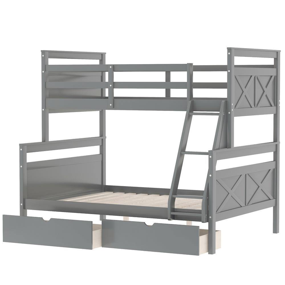 Gray Twin Over Full Pine Wood Bunk Bed with Storage Drawers