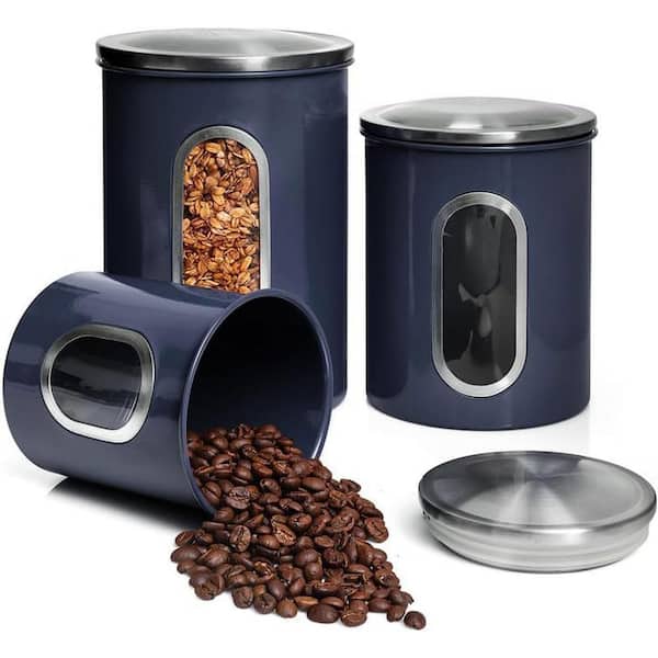 Anqtovp Set of 3 Plastic Canisters with See Through Window, Airtight Coffee Container Tea Organizer and Sugar in Blue