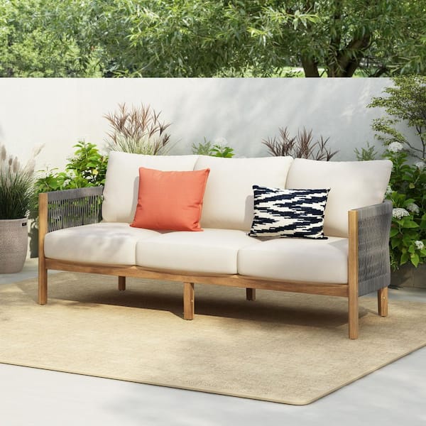 Rumi Patio Rope Weave and Solid Wood Sofa Outdoor Couch with Beige Cushions, Grey + Teak