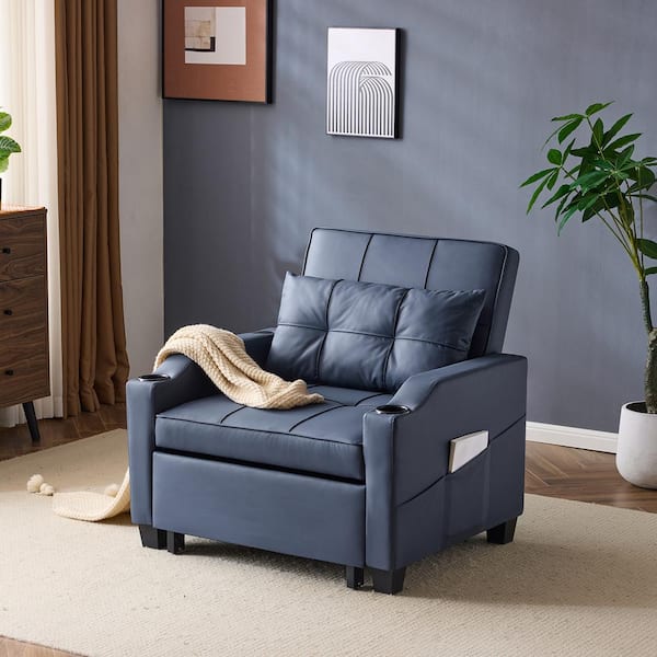 Winado 68.2 in. Navy Blue Cat-Scratch Leather Full Size Sofa Bed