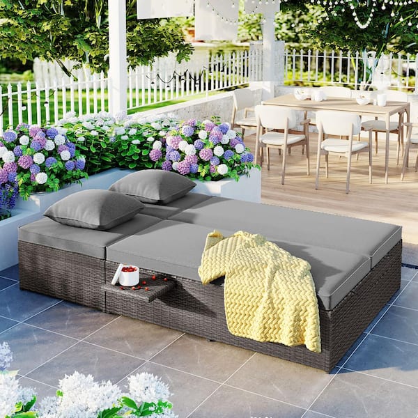 2 Piece Wicker Outdoor Day Bed Outdoor Double Sunbed with Adjustable Backrest and Seat Reclining Chairs Gray Cushions 1000012AE SP The Home Depot