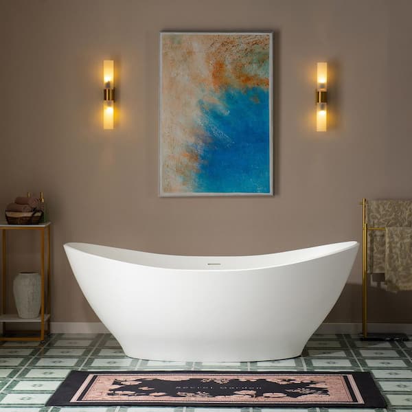 67 in. L x 31.5 in. W Solid Surface Stone Resin Freestanding Soaking Bathtub with Center Drain in Matte White