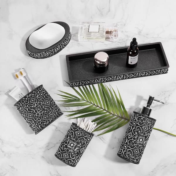 5 Piece Polyresin Bathroom Sink Accessory Set Handmade Floral Pattern Complete Organizer Black Elegant Decor