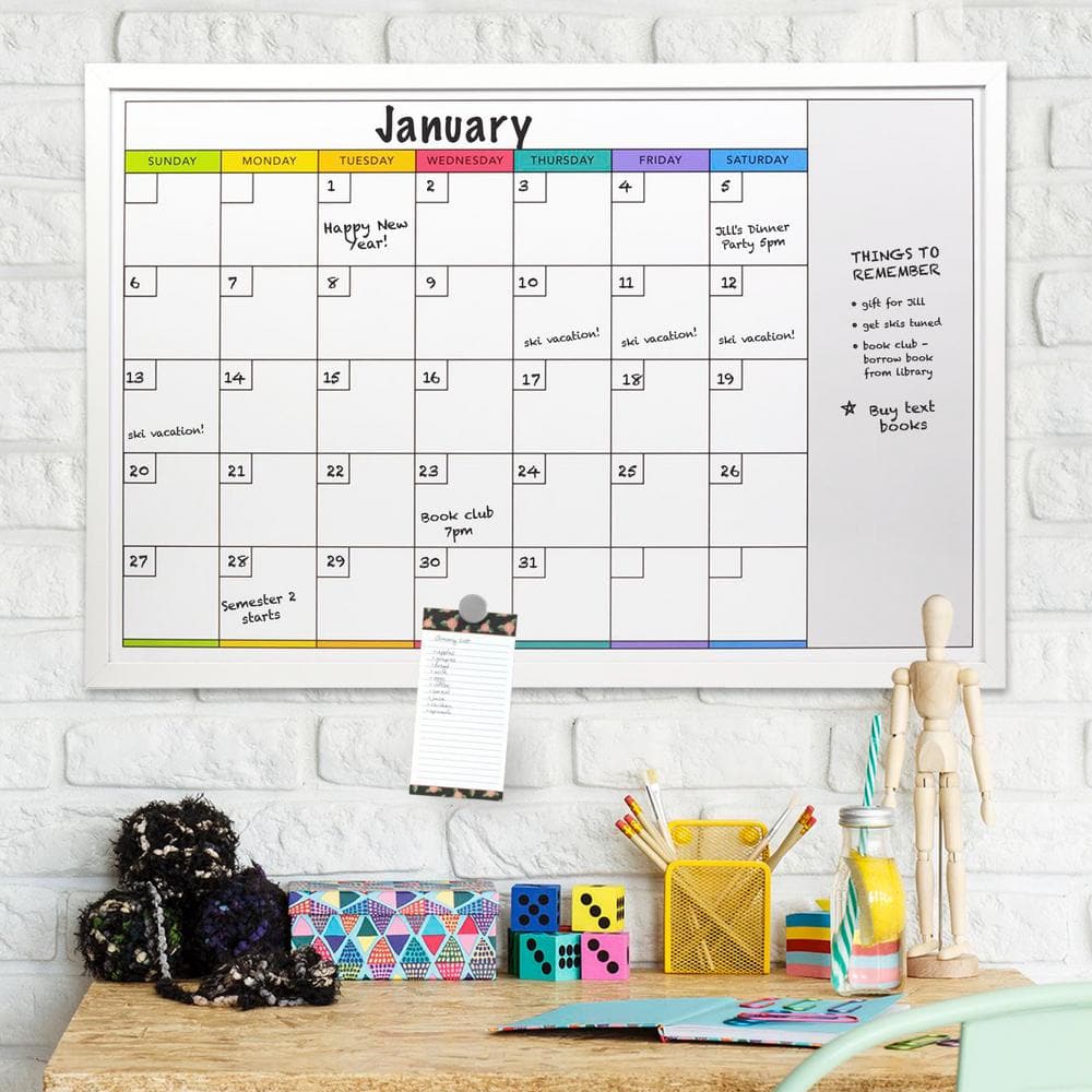 Large White Magnetic Dry Erase Calendar Board with Accessories
