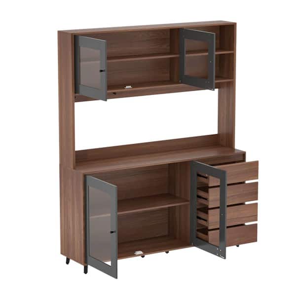 FUFU&GAGA 63 in. L Brown Storage Cabinet with 4-Drawers, Hooks, Open Shelves, Doors, Adjustable Legs for Kitchen Dining Room