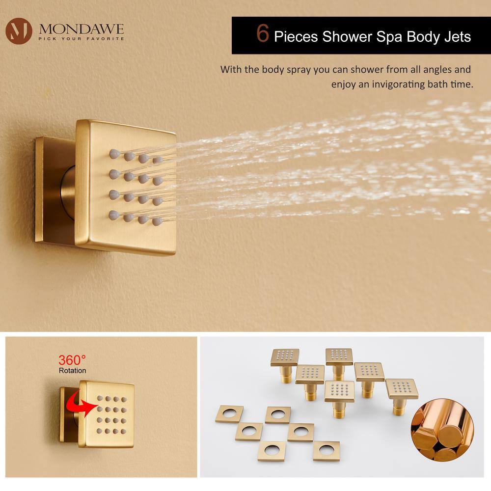 Brushed Gold Dual Square Wall Mounted Shower System with Body Jets