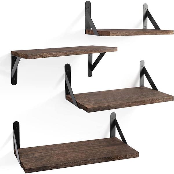 Cubilan 6.2 in. x 17 in. x 3.7 in. Carbonized Brown Wood Decorative Wall Shelves with Brackets, Sets of 4