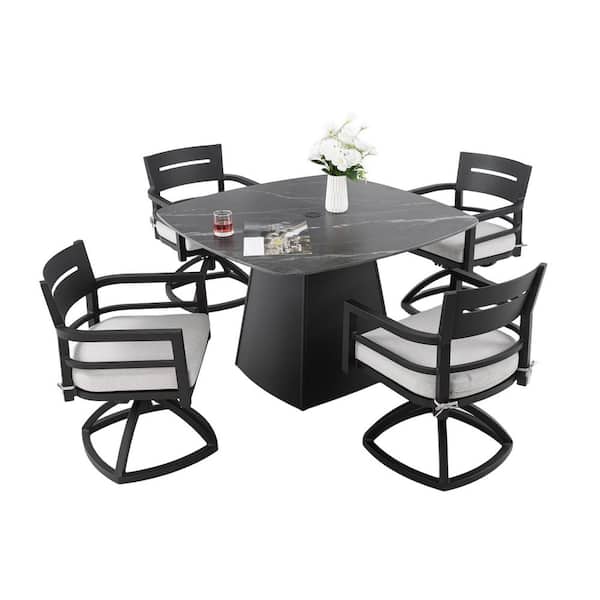 5-Piece Swivel Aluminium Stone Square Outdoor Dining Set with Sunbrella White Cushions