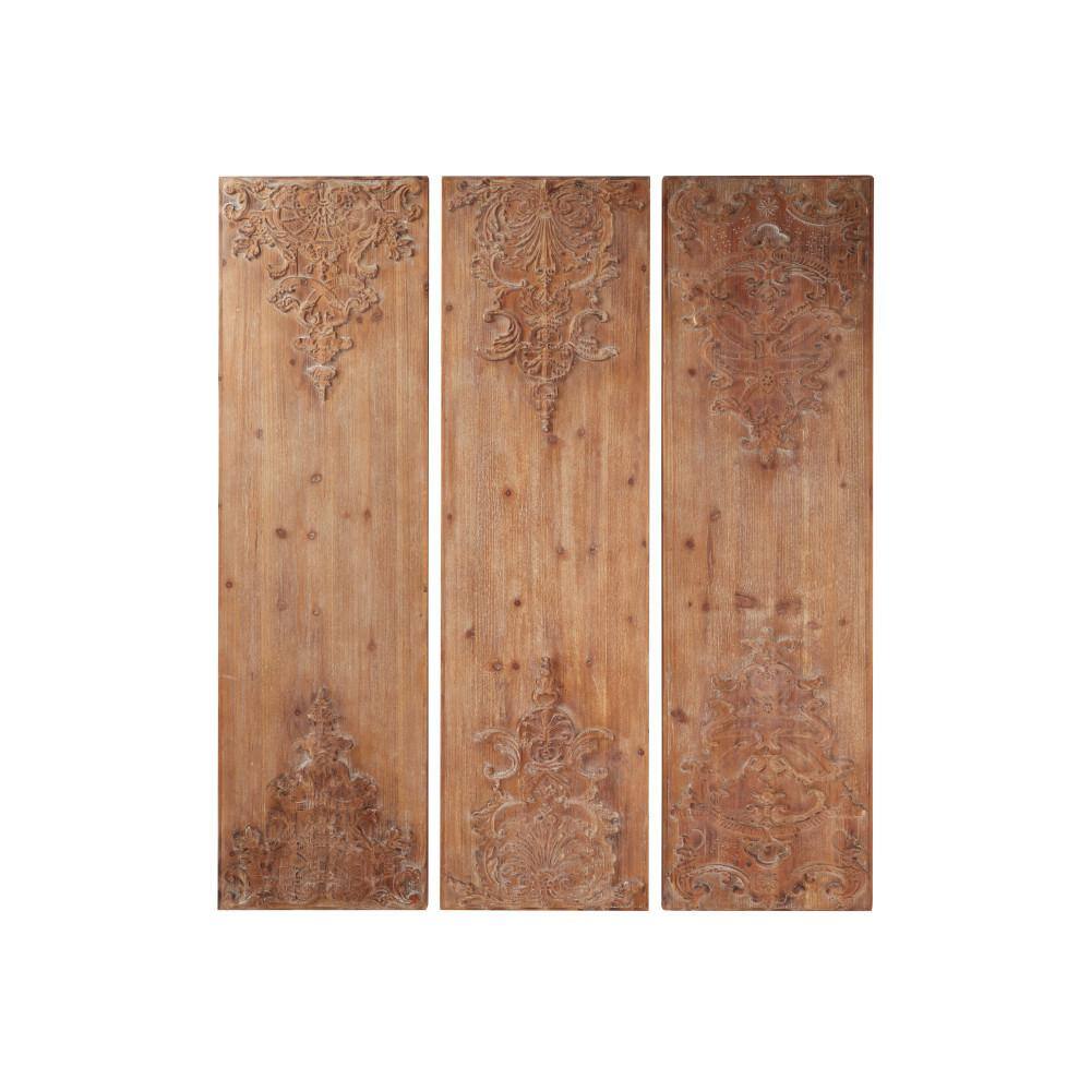 Brown Wood Carved Floral Antefix Wall Decor Set of 3