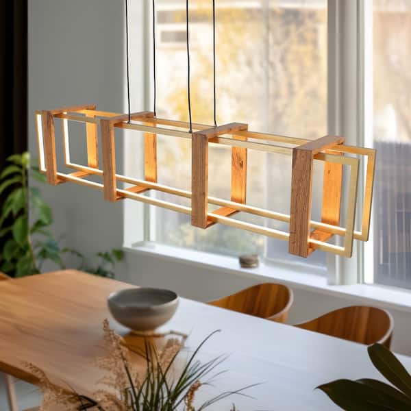 40in. 1-Light Linear Wood Frame Chandelier Rectangular LED Modern Black Pendant Dining Living Room Kitchen Island