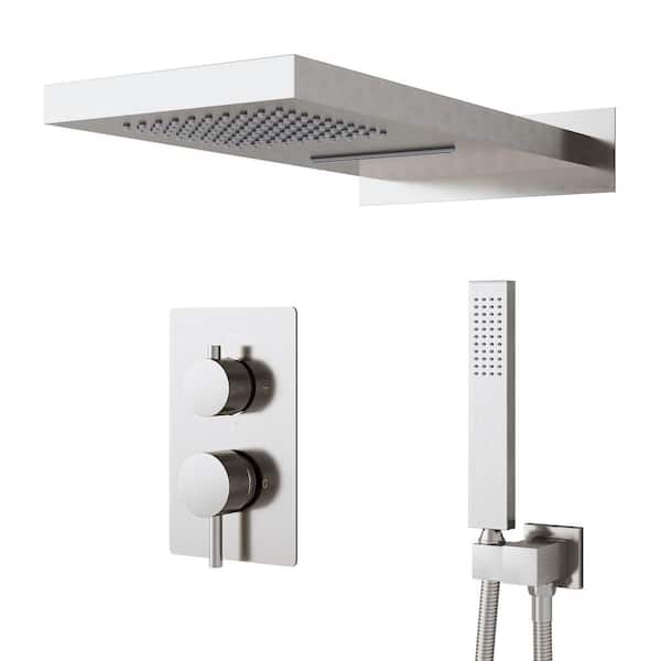3-Spray 22 in. Large Shower Head Wall Dual Fixed and Handheld Shower Head in Brushed Nickel, Pressure Balance Valve