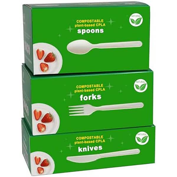Adrinfly 300 Count 7 in. Heavy-duty Compostable Cutlery Set (100 Forks, 100 Spoons, 100 Knives)