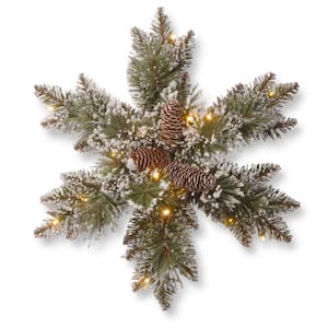 Glittery Bristle Pine 18 in. Artificial Snowflake with Battery Operated Warm White LED Lights