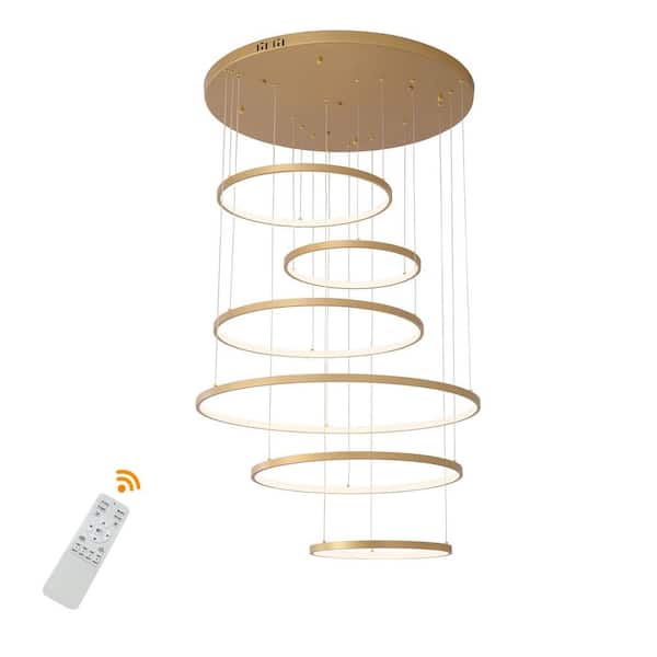 OUKANING 6-Light Dimmable Integrated LED Gold Modern 6 Rings Chandelier with Remote Control and Adjustable Height for Living Room