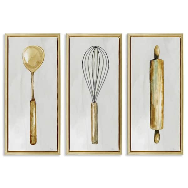 Traditional Kitchen Utensils by Nan 3 Pieces Gold Floater Frame Food Graphic Art Print 25 in. x 11 in.