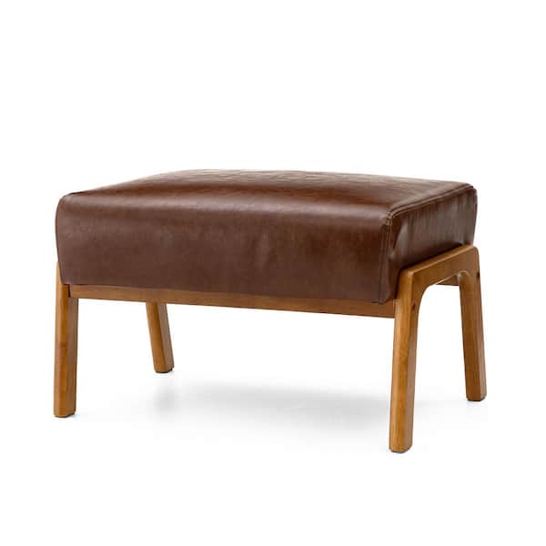 Glitzhome Mid-century Modern Coffee Leatherette Accent Stool with Walnut Rubberwood Legs