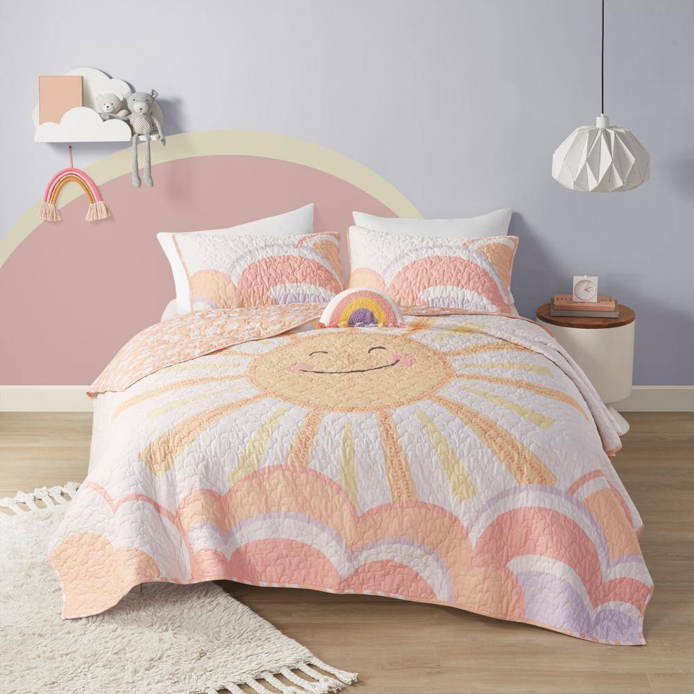 Full/Queen Reversible Cotton Quilt Set with Sunshine and Cloud Print
