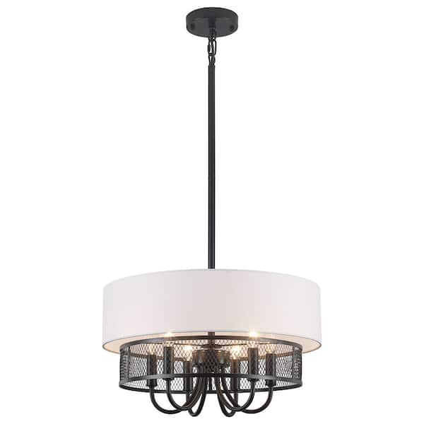 18 in. 6-light Black Modern Farmhouse Metal Drum Chandelier With Fabric Shades For Living Room Kitchen Island