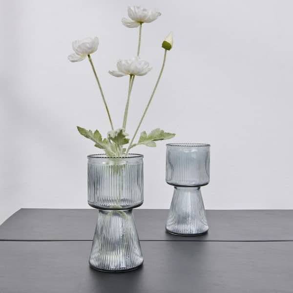 Ribbed Glass Vase with Pedestal Base – Small Bud Vase for Flowers, Round Home Decor – 7.48 in. H Vase in Gray