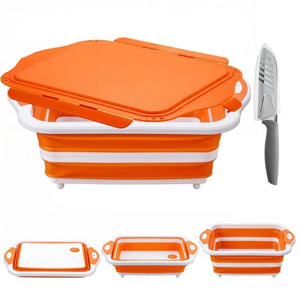 Foldable Camping Sink, Colander, Cutting Board, Dish Basin-Orange Collapsible BBQ Prep Tub with Lid