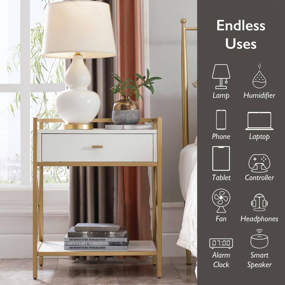 White and Gold Metal Nightstand with USB Charging
