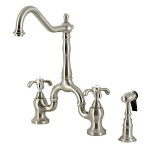 French Country Double-Handle Deck Mount Gooseneck Bridge Kitchen Faucet with Brass Sprayer in Brushed Nickel