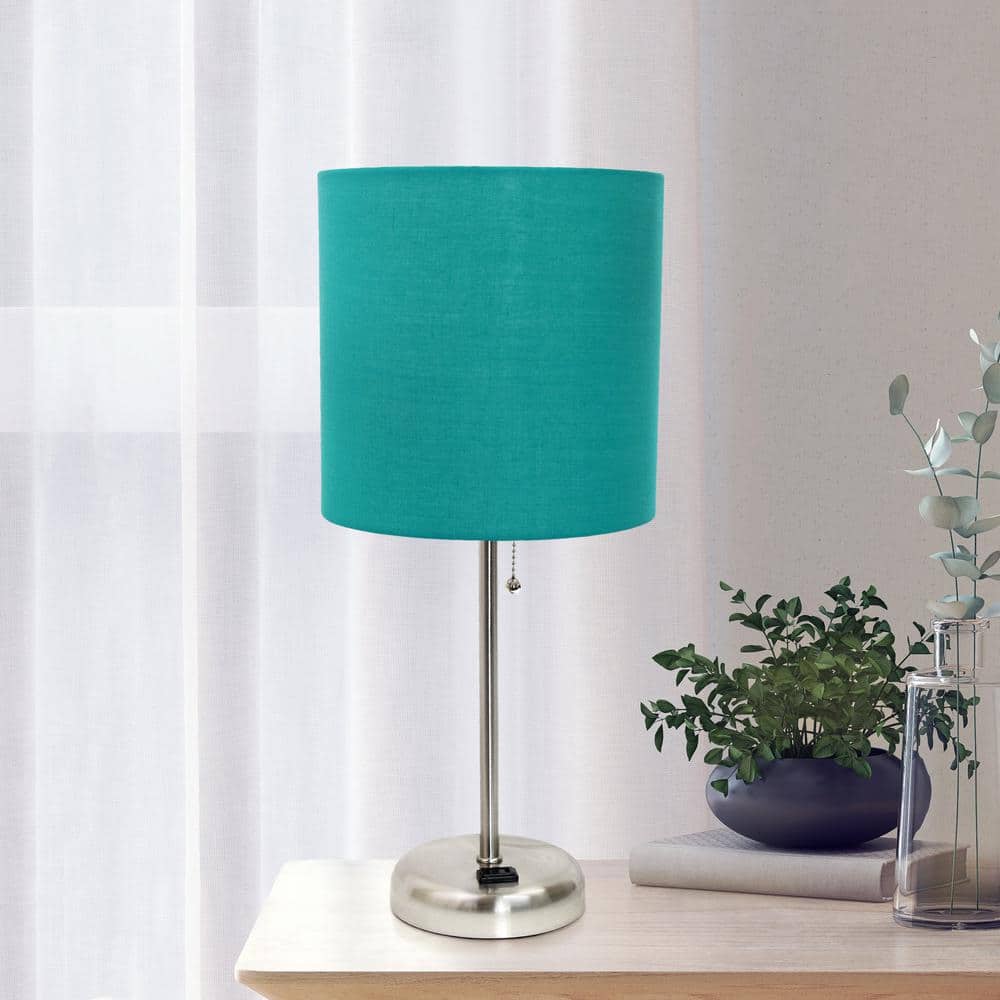 19.5" Brushed Steel and Teal Fabric Table Lamp with Power Outlet
