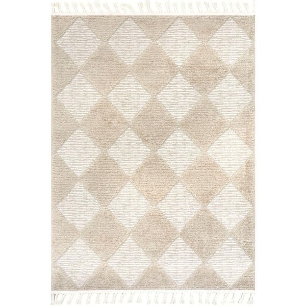 Aylin Diamond Tasseled Beige 12 ft. x 15 ft. Indoor Area Rug