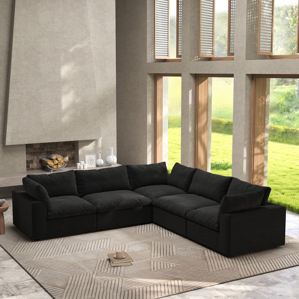 120.45 in. W Square Arm Linen Modular 5-Pieces Free Combination Sofa in Black