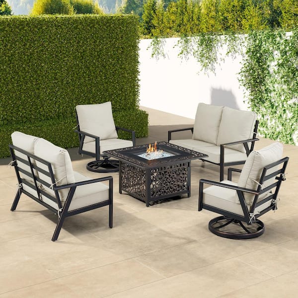 Oakland Living Black 6-Piece Aluminum Patio Fire Pit with 2-Deep Seating Loveseat and 2-Club Chairs Light Grey Cushions