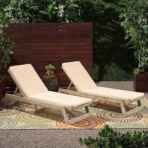 Maki Grey 2-Piece Wood Outdoor Patio Chaise Lounge with Cream Cushions