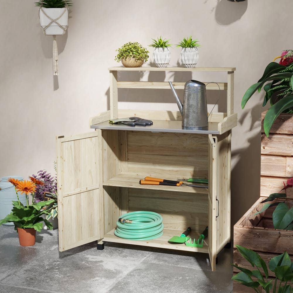 35.75 in. W x 49 in. H Natural Wooden Potting Bench with Storage Cabinet wi