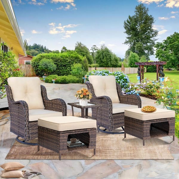 Brown 5-Piece Wicker Patio Conversation Set Swivel Rocking Chairs with Ottomans Side Table Beige Cushions