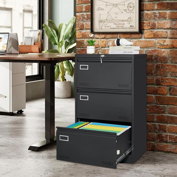 Black 40 in. H Office Storage Cabinet, Locking Metal File Cabinet with 3 Drawers
