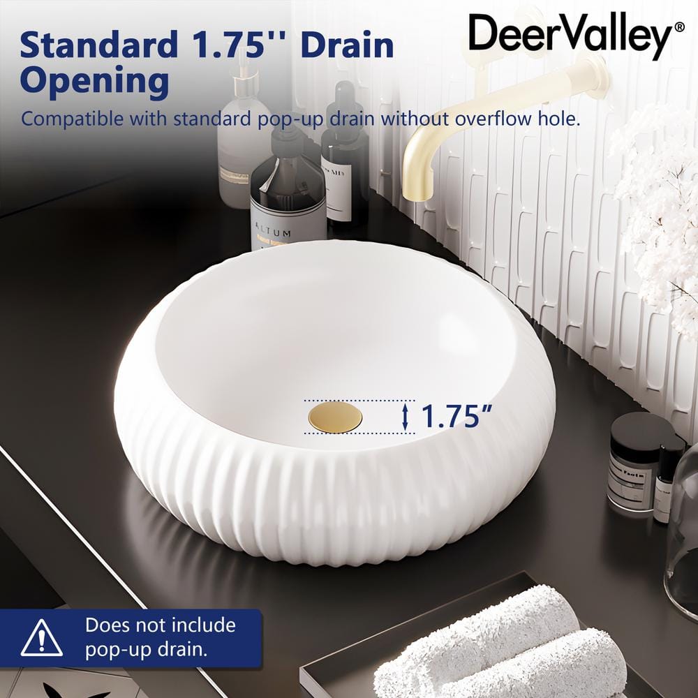 16" White Ceramic Circular Vessel Sink with Fluted Sides