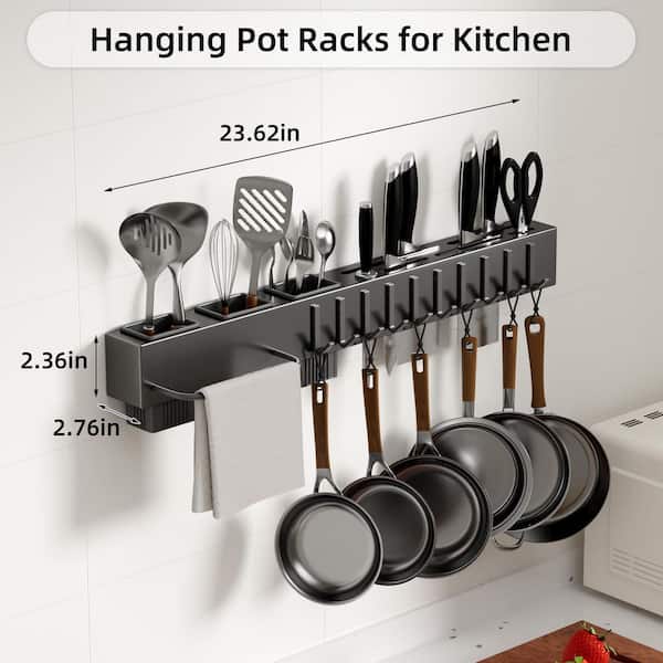 23.7 in. Wall Mounted Stainless Steel Pot Rack Hanger With S Hooks for Kitchen Utensils Storage, Black
