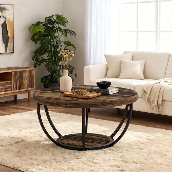 31.7 in. Farmhouse Brown Round Wood Coffee Table with Storage, 2-Tier Small Modern Center Table for Living Room, Office
