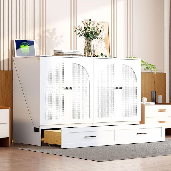 Harper & Bright Designs White Wood Frame Full Size Murphy Bed Modern Rattan Decorative Surface with Large Drawer, USB Charging Port