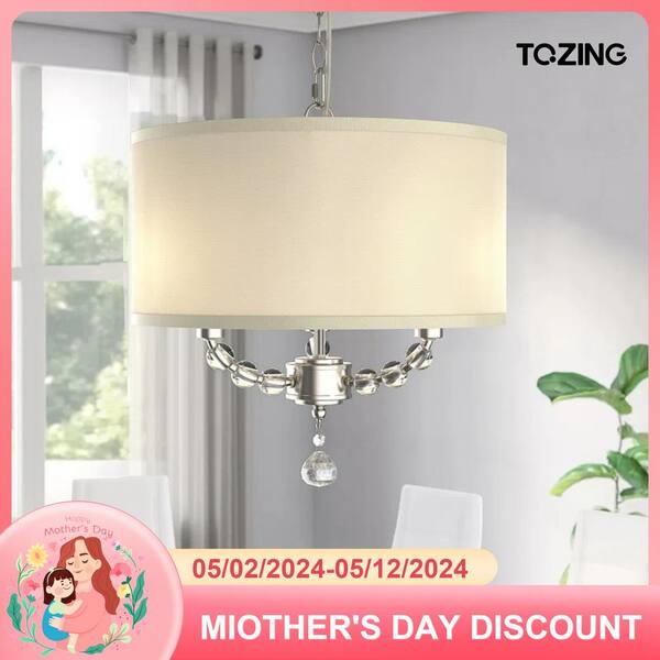 TOZING 3-Light Modern Cottage Drum Organza Fabric Lampshade Pendant with Wide Clear Crystal Beads Sheer Ceiling Light Fixture