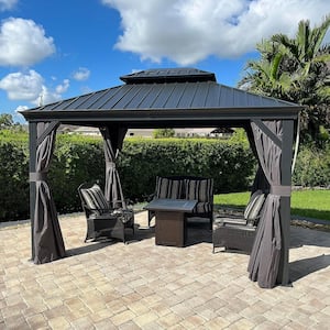 10 ft. x 12 ft. Gray Aluminum Power-Coated Frame Galvanized Steel Double Roof Hardtop Gazebo,Hooks, Netting,Gray Curtain