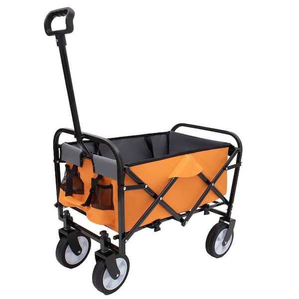 9.74 cu. ft. Orange Gray Fabric Wagon Cart, Folding Garden Cart w/ All-Terrain Wheels for Camping Shopping Fishing