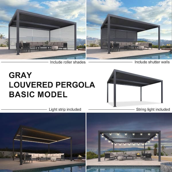 12 ft. x 16 ft. Gray Aluminum Frame Outdoor Hardtop Louvered Pergola with Adjustable Sunshade Roof and In-Built Gutter