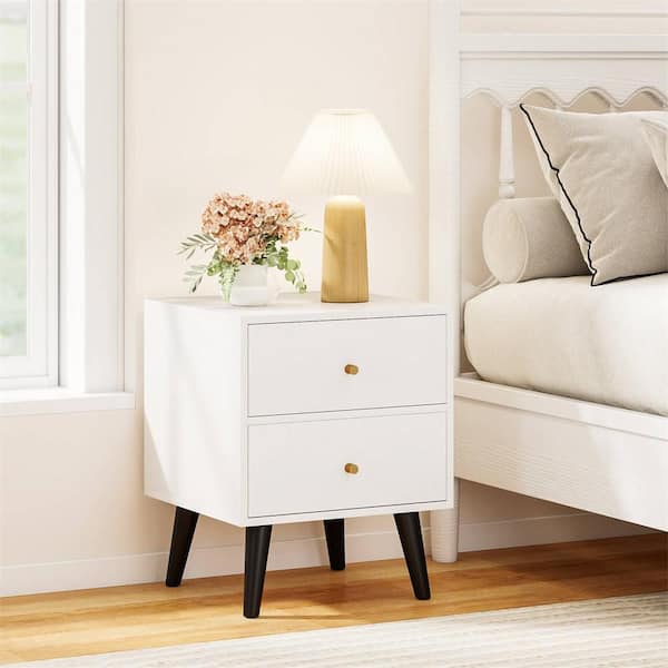 White 2 Drawer 15.5 in. W Nightstand Set of 2, 2-Storage Drawers, Small Accent Table with Golden Knobs