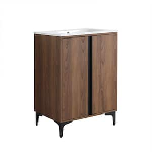 23.6 in. W x 18.1 in. D x 33.5 in. H Single Bath Vanity in Brown Walnut Finish with White Solid Surface Resin Sink Top