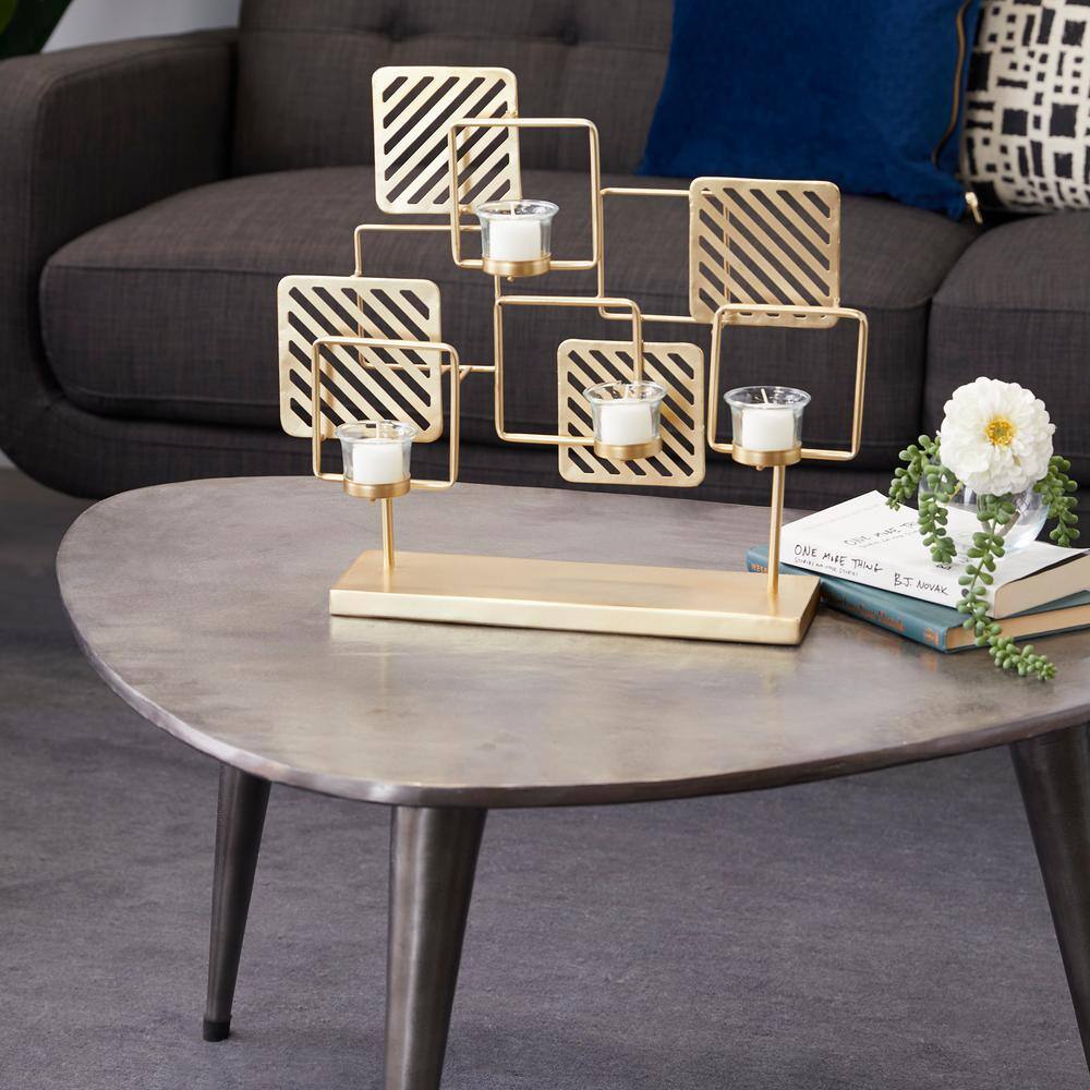 Gold Metal and Glass Contemporary Candelabra with Striped Squares