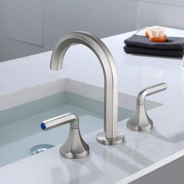 Vara 8 in. Widespread Arched Bridge Double-Handle 8.86 in. H High-Arc Bathroom Sink Faucet in Brushed Nickel