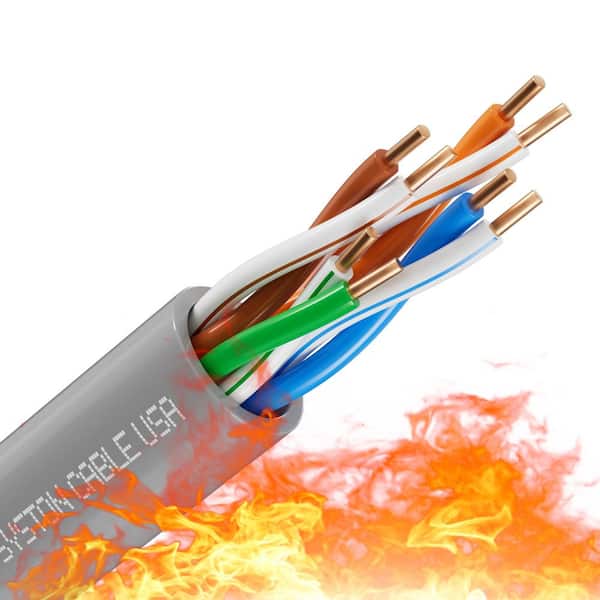 50 ft. Gray CMP Cat 5e 350 MHz 24 AWG Solid Bare Copper Ethernet Network Wire Data Cable - Bulk No Ends Heat Resistant