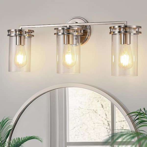 YANSUN 24 in. 3-Light Modern Vanity Light with Brushed Nickel and Glass Shades